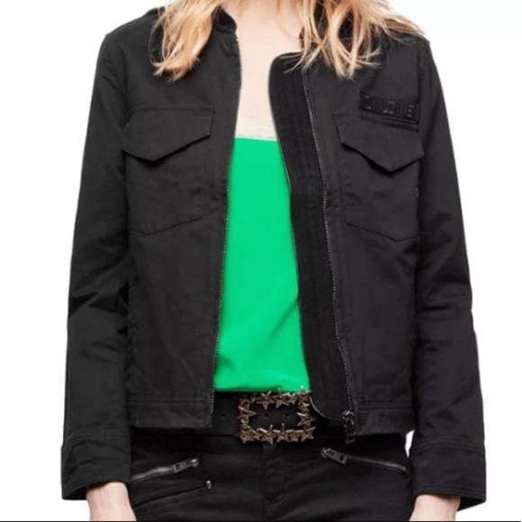 ZADIG & VOLTAIRE black Kavy Embroidered broken heart love denim jacket small new - Picture 10 of 11